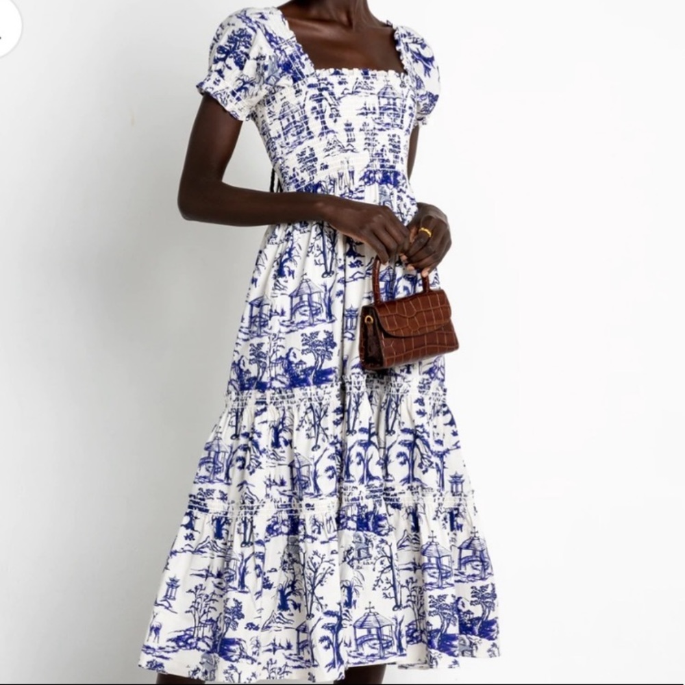 OPT Toile Daphne Cotton Smocked Dress White Blue